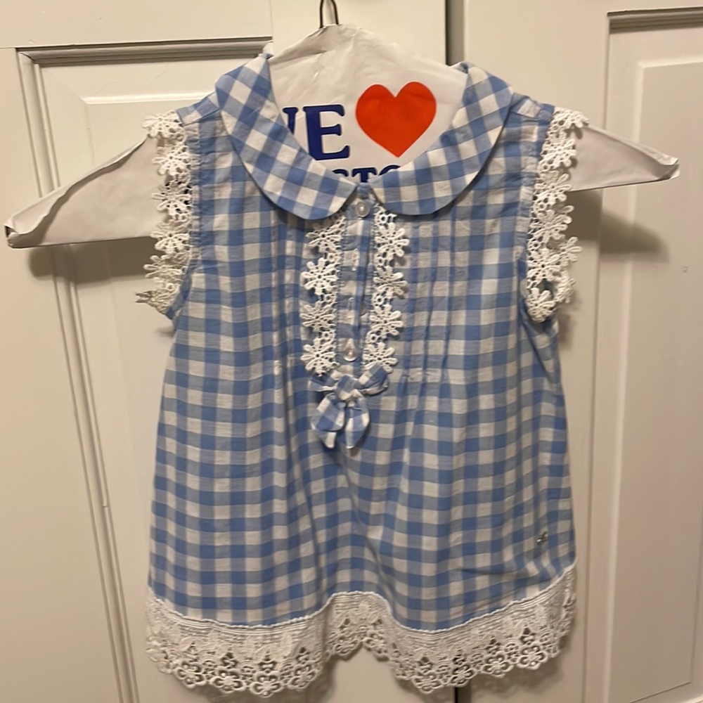 Mayoral sleeveless tunic periwinkle check print with sweet floral detailing 3T